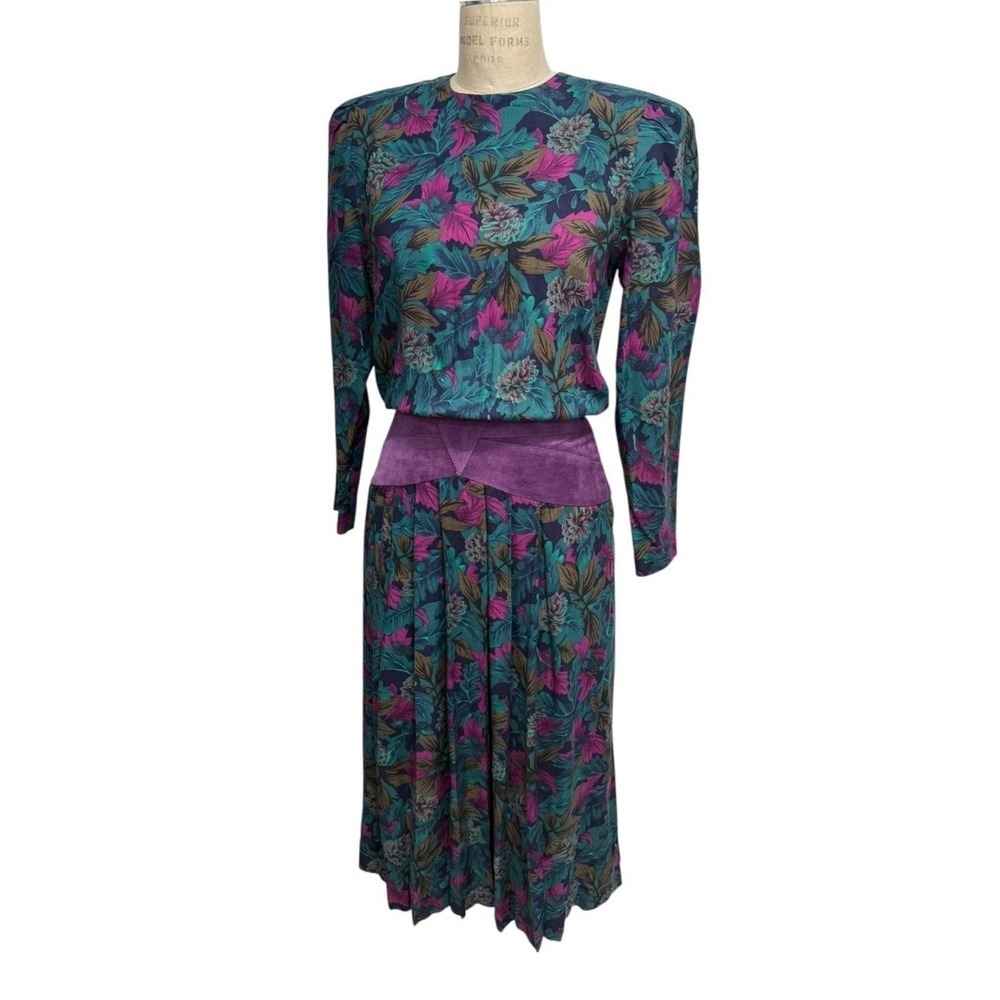 Vintage 80's Karin Stevens Floral Print Dress Size 6 Rayon Long Sleeve Midi